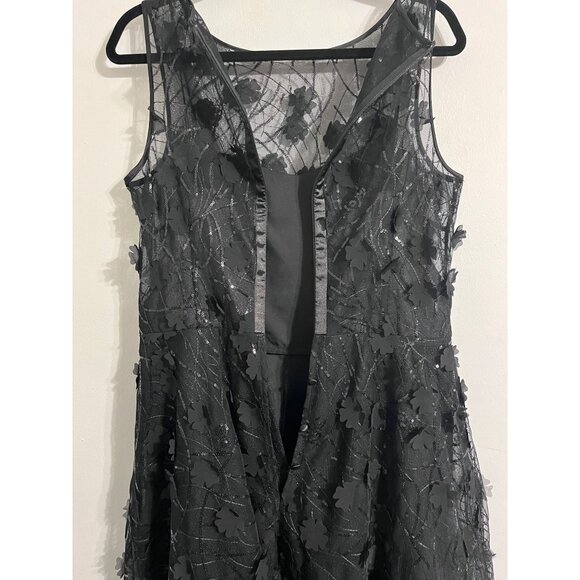 RICKIE FREEMAN TERI JON Dress Tea Length Sequins 3D Floral Appliques Black 12 - Picture 8 of 16